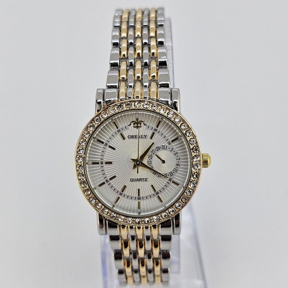 30MM Women's Watch Gray Dial Crystal Bezel Two Tone Bracelet Band 7" New Battery